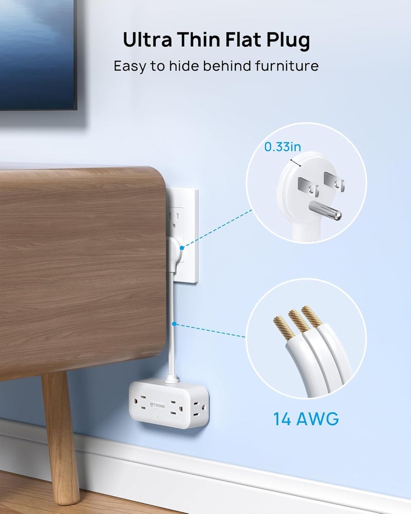 TROND Outlet Extender with 6 Inch Cord, Flat Plug Adapter with 4 Electrical Sockets, 900J Surge Protector, Wall Mountable, Multi Plug Wall Outlet for Home Office Travel Dorm Room Essentials, White - Image 3